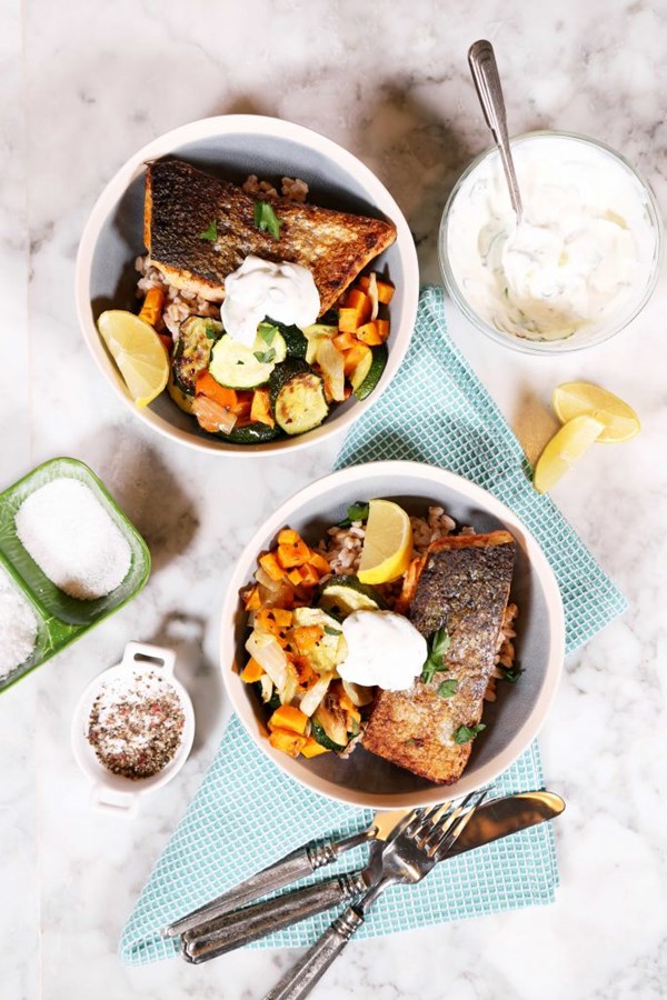 Pan seared salmon and roasted vegetables
