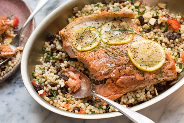 Pan-seared salmon with Israeli couscous