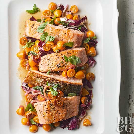 Pan-seared salmon with kumquats