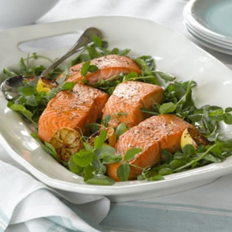 Pan-seared salmon with pea shoots & watercress