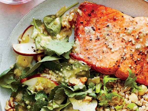 Pan-seared salmon with pear and walnut spinach salad