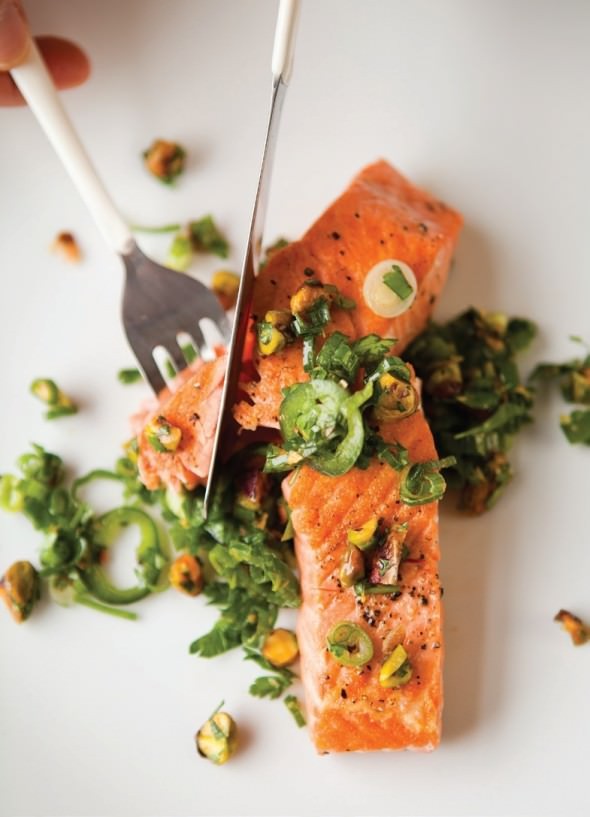 Pan-seared salmon with pistachio-herb gremolata