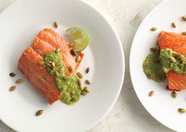 Pan-seared salmon with pumpkin seed-cilantro pesto