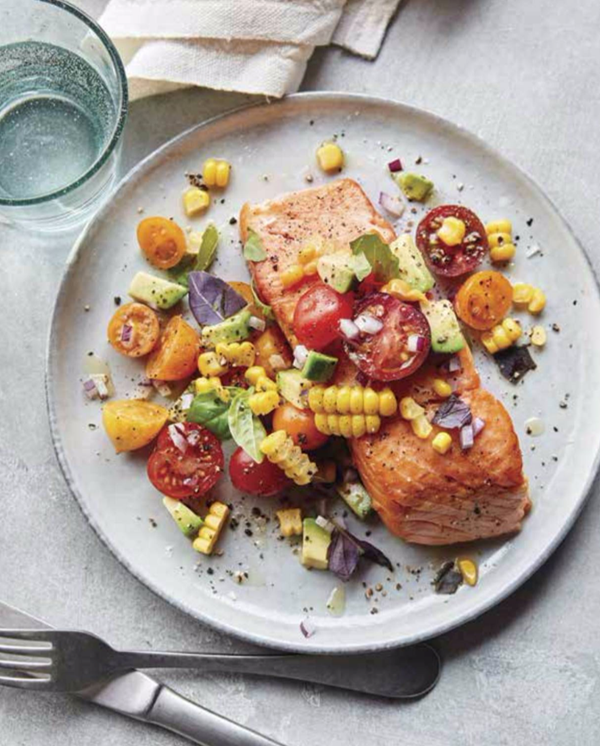 Pan-seared salmon with tomato and corn salsa 