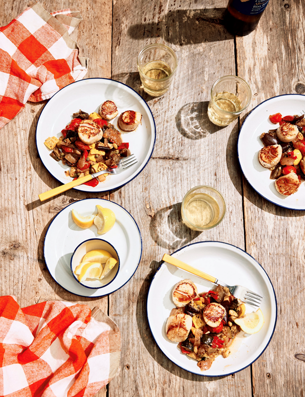 Pan-seared scallops over summer zucchini and eggplant caponata [Tom Schlesinger-Guidelli]