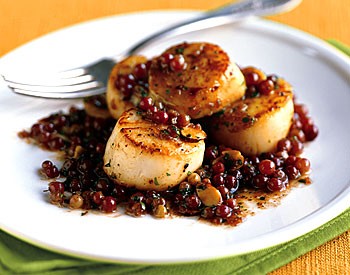 Pan-seared scallops with Champagne grapes and almonds