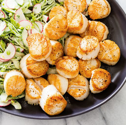 Pan-seared scallops with sugar snap pea slaw
