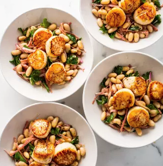 Pan-seared scallops with white bean-salami salad