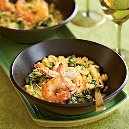 Pan-seared shrimp and arugula risotto