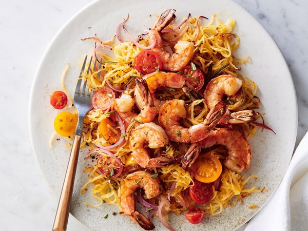 Pan seared shrimp with rosemary spaghetti squash