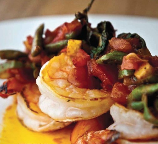 Pan-seared shrimp with summer vegetables