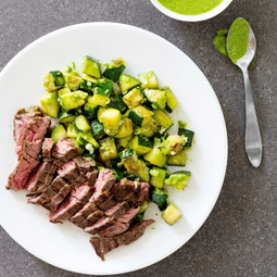 Pan-seared skirt steak with zucchini and scallion sauce