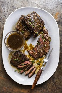 Pan-seared skirt steak with miso-vinegar sauce
