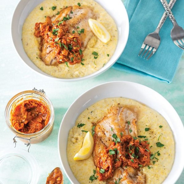 Pan-seared snapper with grits and charred tomato chutney