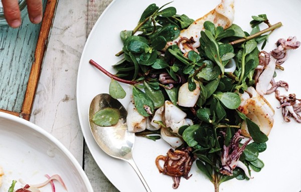 Pan-seared squid with lemony aioli and greens