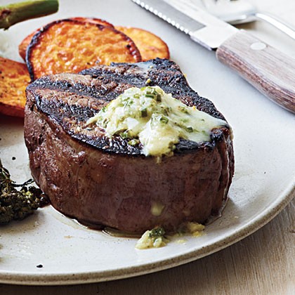 Pan-seared steak with chive-horseradish butter