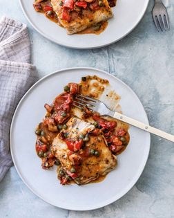 Pan-seared sturgeon with pancetta, capers, and lemon