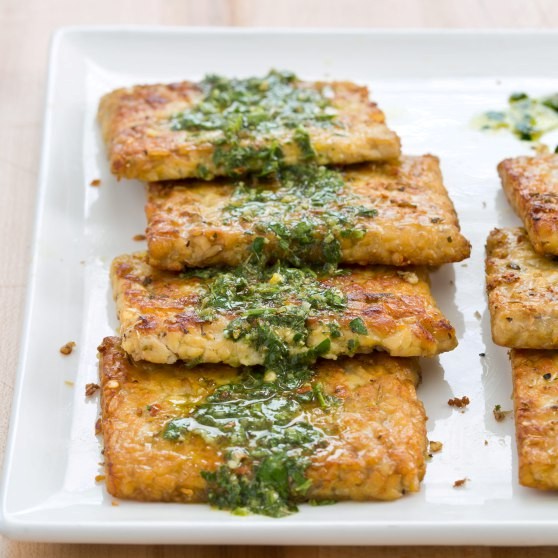 Pan-seared tempeh steaks with chermoula sauce