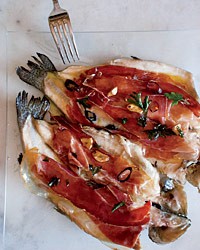 Pan-seared trout with serrano ham and chile-garlic oil