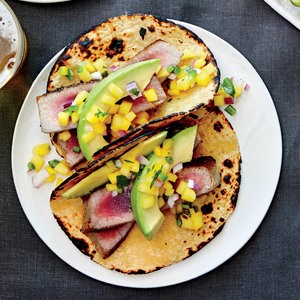 Pan-seared tuna tacos with avocado and mango salsa