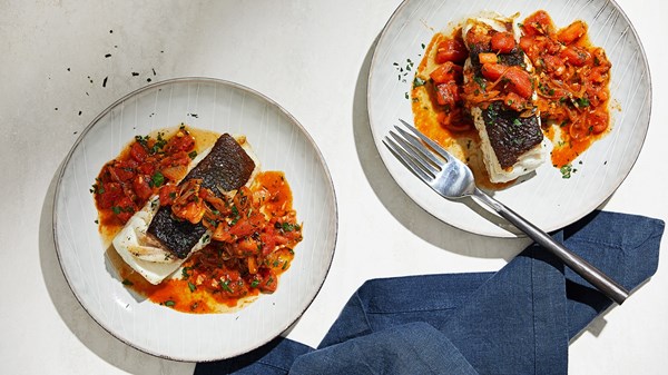 Pan-seared white fish with tomato curry