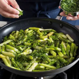 Pan-steamed asparagus with shallots and herbs