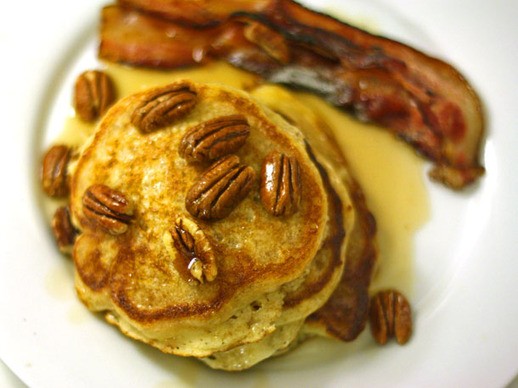 Pancakes with bourbon maple sauce and toasted pecans