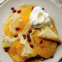 Pancakes with caramel oranges and pomegranates