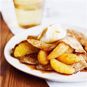 Pancakes with caramel oranges and crème fraîche