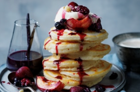 Pancakes with roasted vanilla bean berries and nectarines