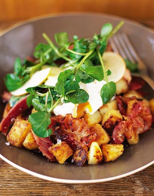 Pancetta hash with eggs and apple salad