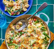 Pancetta, pea & asparagus orecchiette bake