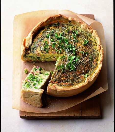 Pancetta, pea, mint and cheddar deep tin tart