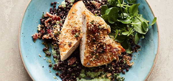 Pancetta-topped chicken with lentils & watercress sauce
