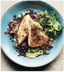 Pancetta-topped chicken with lentils & watercress sauce