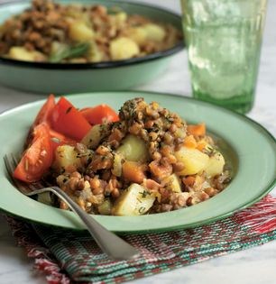 Pancetta with lentils and potatoes