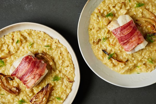 Pancetta-wrapped cod with fennel risotto