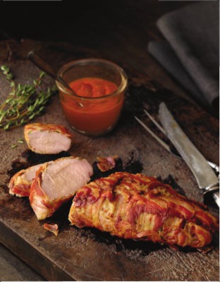 Pancetta-wrapped pork tenderloin with tomato fondue