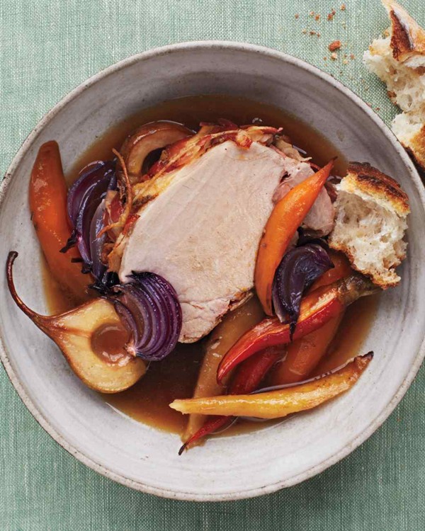 Pancetta-wrapped pork with pears and root vegetables