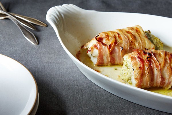 Pancetta-wrapped roasted cod with artichoke pesto