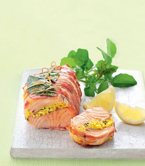 Pancetta-wrapped salmon with saffron and herb rice