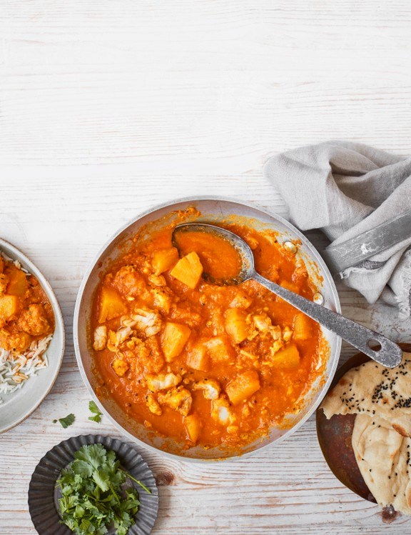 Panch phoron fish curry in pineapple and coconut sauce