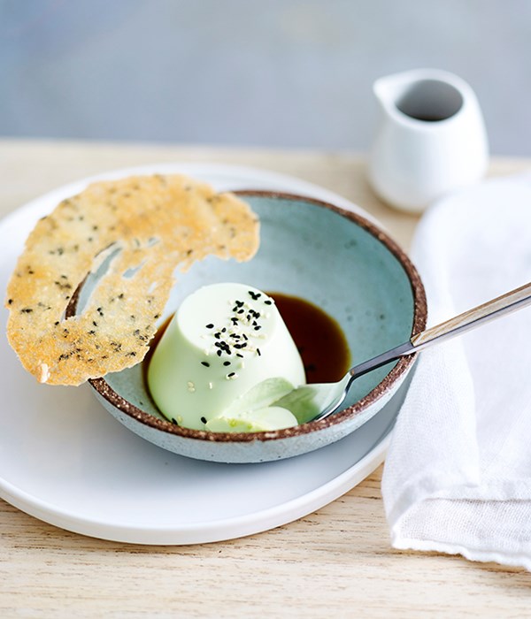 Pandan panna cotta with gula melaka syrup and sesame tuiles