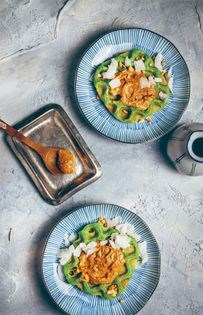 Pandan waffles with coconut peanut butter