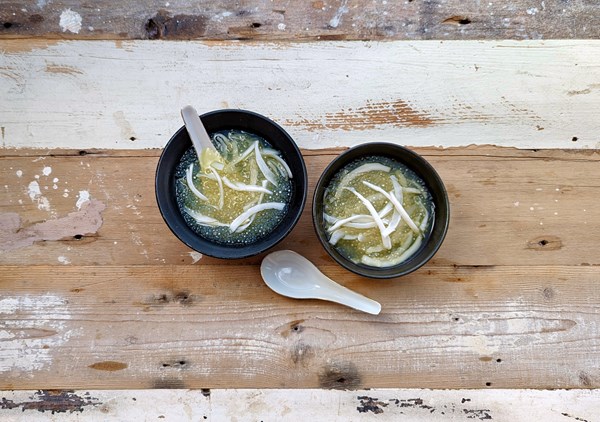 Pandanus tapioca pudding with young coconut