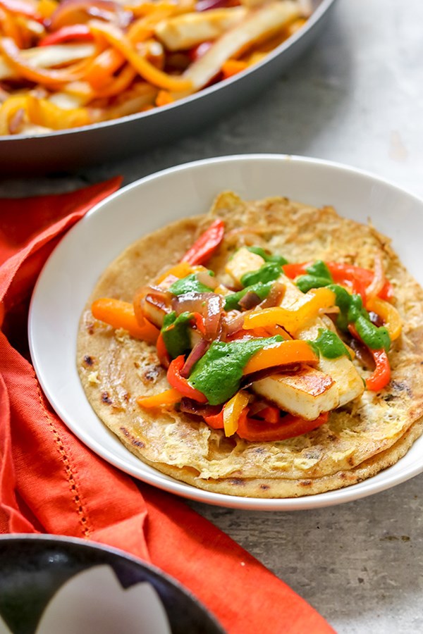 Paneer and pepper kati rolls with cilantro chutney