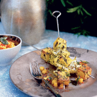 Paneer in a herb marinade with mango salsa 