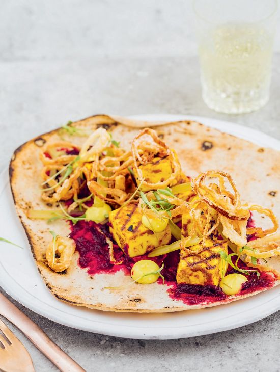 Paneer kebab with beetroot purée, pickled chard and crispy shallot rings