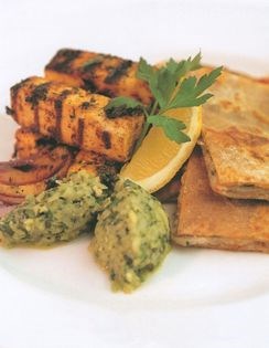 Paneer kibbeh with stuffed paratha and green mango chutney