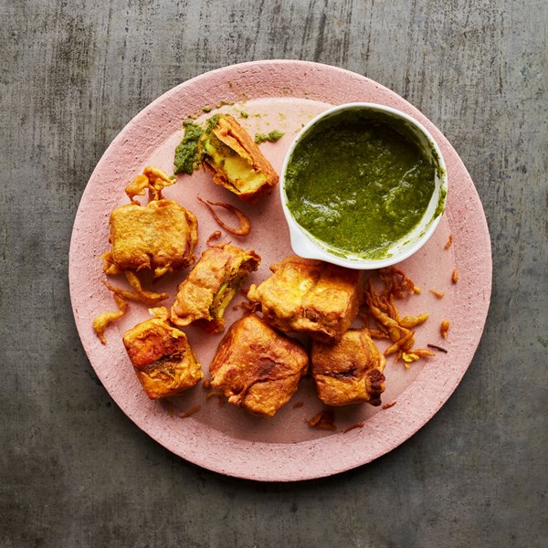 Paneer pakoras with mint and coriander chutney
